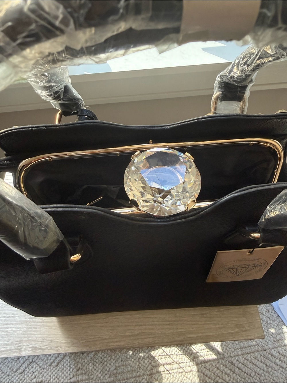 Traci Lynn Black Studded Dome Handbag Set w Matching Wallet Crystal Diamond Top - Picture 7 of 15